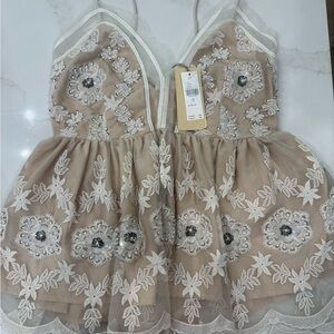 Anthropologie Beige and White Floral Lace Top